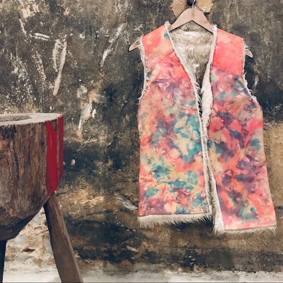 Vintage Jackets & Blazers - Vintage hand dyed leather and shag tunic vest